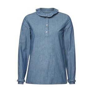 A.P.C. Agathe Ruffle Trimmed Cotton Blend Blouse Blue Top Shirt